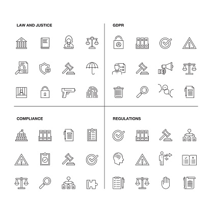 Vector illustration of line icons for GDPR, Compliance, Regulations, Law and Justice. Outline Symbol Collection