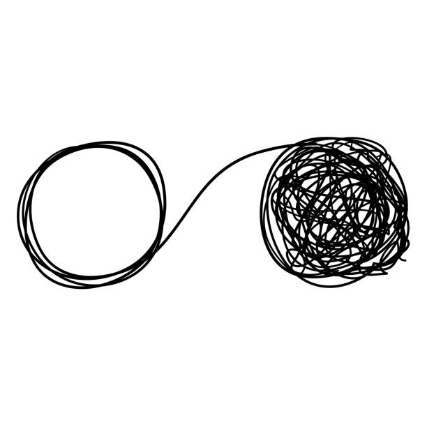얽힌 엉킴을 풀어. 문제 해결의 은유, 어려운 상황, 혼돈과 mess.with 손으로 그린 낙서 스타일 벡터 - tied knot rope adversity emotional stress stock illustrations