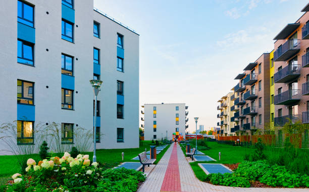 istock Residential apartment home complex block architecture outdoor reflex 1195569677