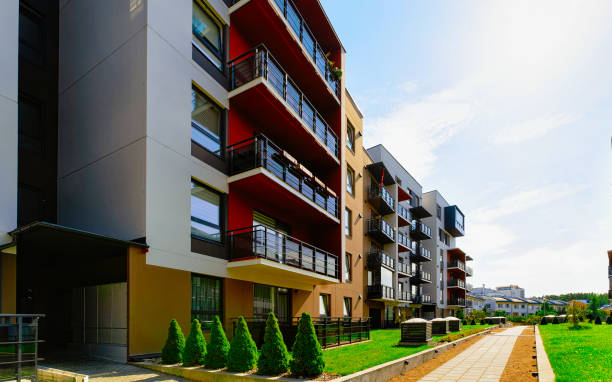 istock Modern residential apartment building complex with outdoor facility reflex 1195569681