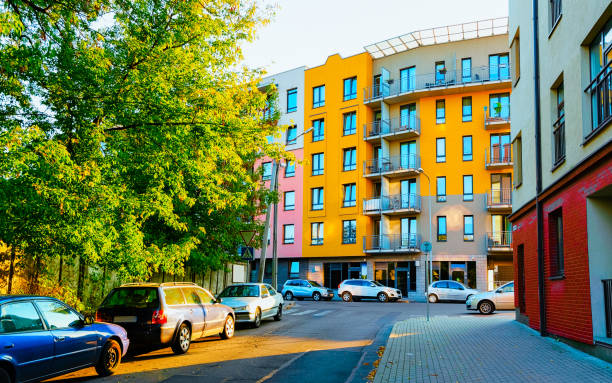 istock Modern residential apartment house complex block with outdoor facility reflex 1195569887