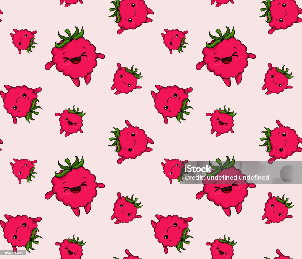 Kawaii Raspberry Outline Kawaii Raspberry Seamless Pattern Fun Cartoon Vector Illustration Cute ...