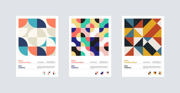 Geometric Poster Design Set Abstract geometric poster design set of vertical poster layout with lorem ipsum texts. Useful for poster design, presentations, backdrops, flyers, etc. colorful page borders stock illustrations