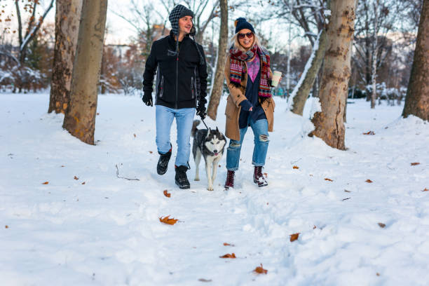 istock Happy couple walking with Siberian Husky 1195571506