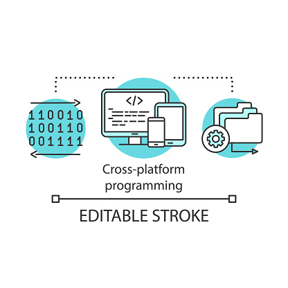 Cross platform app programming concept icon. Software development business. Application engineering idea thin line illustration. Computer technology. Vector isolated outline drawing. Editable stroke