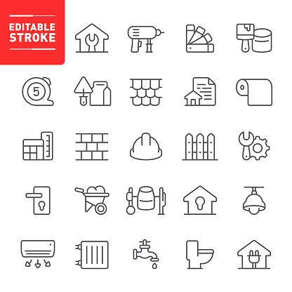 Construction, repair, home repair, editable stroke, outline, icon, icon set, home improvement, work tools
