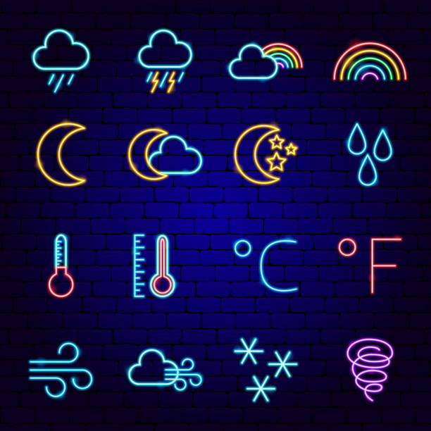 Weather Forecast Neon Icons Weather Forecast Neon Icons. Vector Illustration of Metcast Promotion. metcast stock illustrations