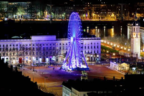 Lyon France, 8 December 2017: Bellecour place view during Fete des Lumieres - Festival of Lights in Lyon France