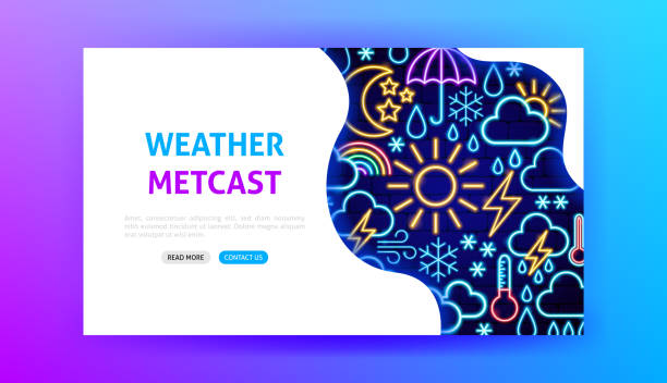 Weather Metcast Neon Landing Page Weather Metcast Neon Landing Page. Vector Illustration of Forecast Promotion. metcast stock illustrations