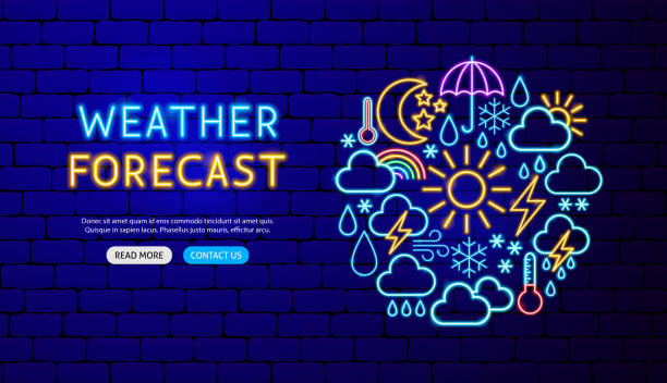 Weather Neon Banner Design Weather Neon Banner Design. Vector Illustration of Forecast Promotion. metcast stock illustrations