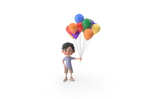 Multicolor balloons are holding by a boy on a white background with drop shadow and ready to crop out for all your design needs. 3D Rendering.