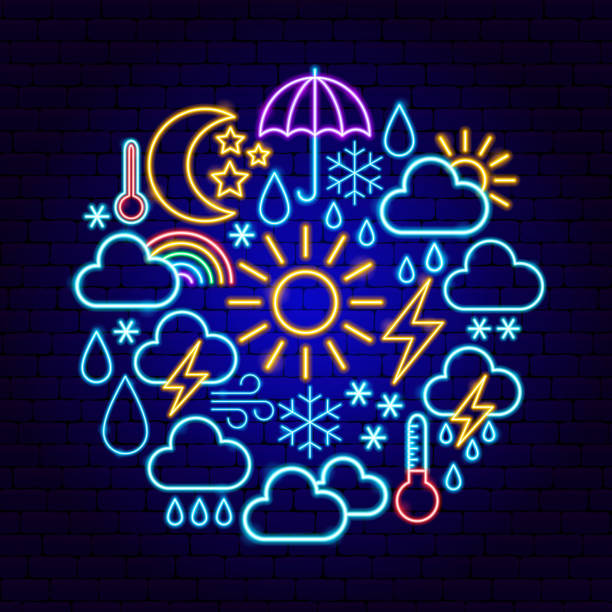 Weather Neon Concept Weather Neon Concept. Vector Illustration of Forecast Promotion. metcast stock illustrations