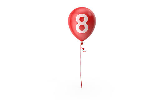 Red balloon with number eight text on a white background with drop shadow and ready to crop out for all your design needs. 3D Rendering.