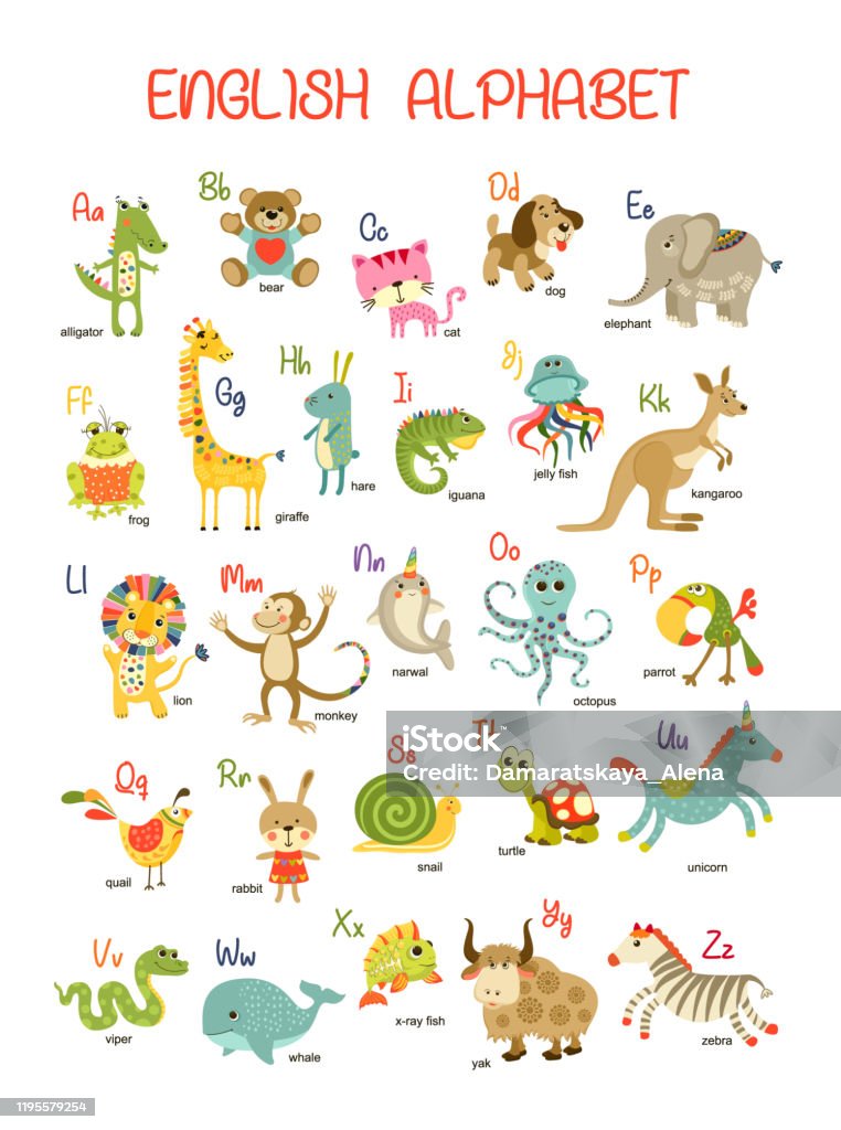 Cute Vector Cartoon Baby Animals English Alphabet On White Background  Vector Illustration For Kids Education Language Study Children Pattern With  Animals And Letters Stock Illustration - Download Image Now - iStock