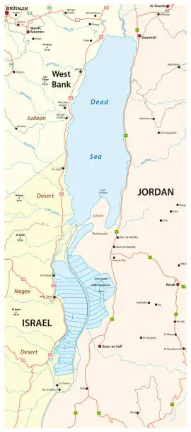 Vector illustration of Map of the Dead Sea, lying between Israel, West Bank and Jordan