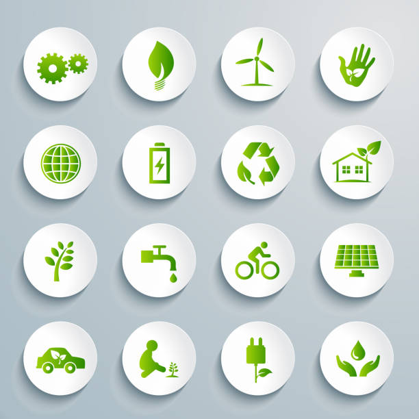 ilustrações de stock, clip art, desenhos animados e ícones de environmental conservation, green living and recycling vector icon set - man energy turbine