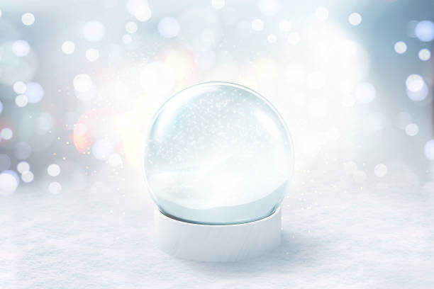 Blank transparent glowing blue snow globe with snowfall mockup