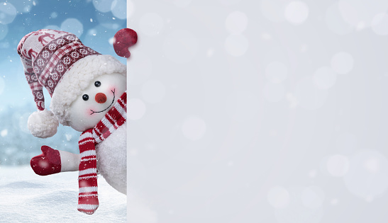 Happy snowman in the winter scenery behind the blank advertising banner with copy space