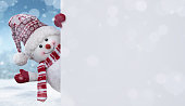 Happy snowman behind blank banner with copy space
