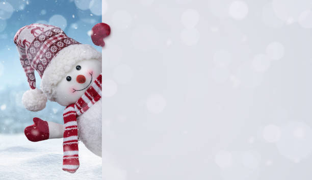 Happy snowman behind blank banner with copy space Happy snowman in the winter scenery behind the blank advertising banner with copy space ice crystal photos stock pictures, royalty-free photos & images