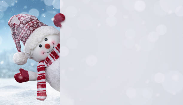 Happy snowman behind blank banner with copy space Happy snowman in the winter scenery behind the blank advertising banner with copy space vista posterior stock pictures, royalty-free photos & images