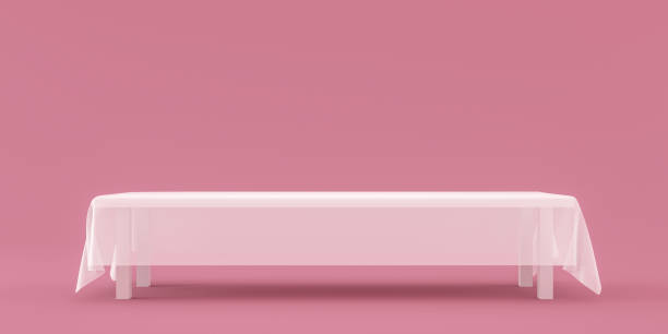 istock Empty table top with white fabric on pink background with long space for design. Blank pedestal or podium product shelf backdrop. 3D rendering. 1195583963