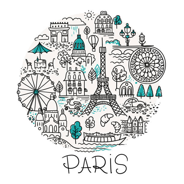 paris frankreich vektor skizze logo. kreiskomposition mit landschaftselementen: häuser, kuppeln, brücken. tour eiffel. linien-illustration für poster und souvenirs. - paris square architecture travel destinations urban scene stock-grafiken, -clipart, -cartoons und -symbole