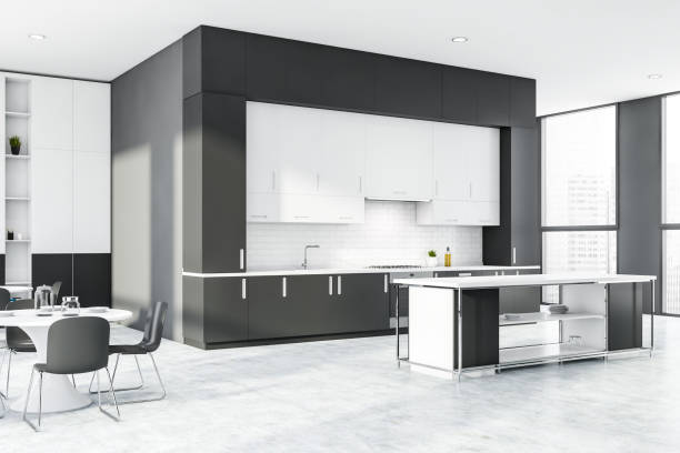istock Gray and white brick kitchen with table and bar 1195584851