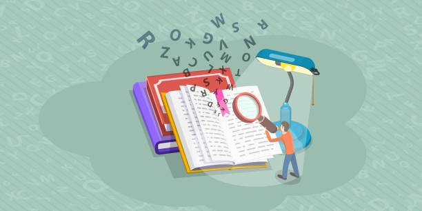 ilustrações de stock, clip art, desenhos animados e ícones de isometric flat vector concept of literature reading, language learning. - dictionary alphabet letter text