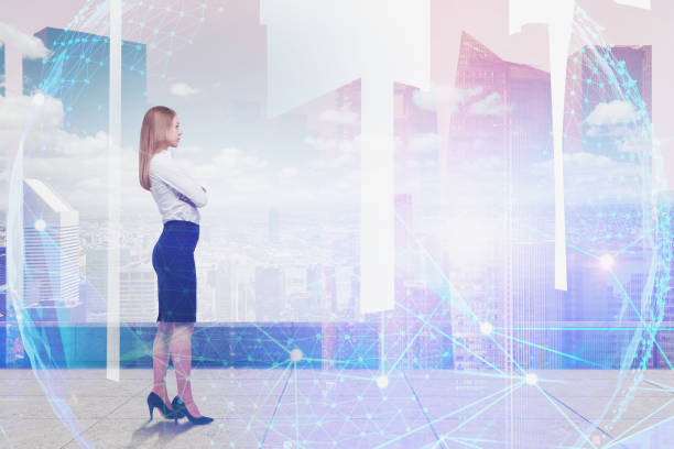 istock Businesswoman in city and network interface 1195585793