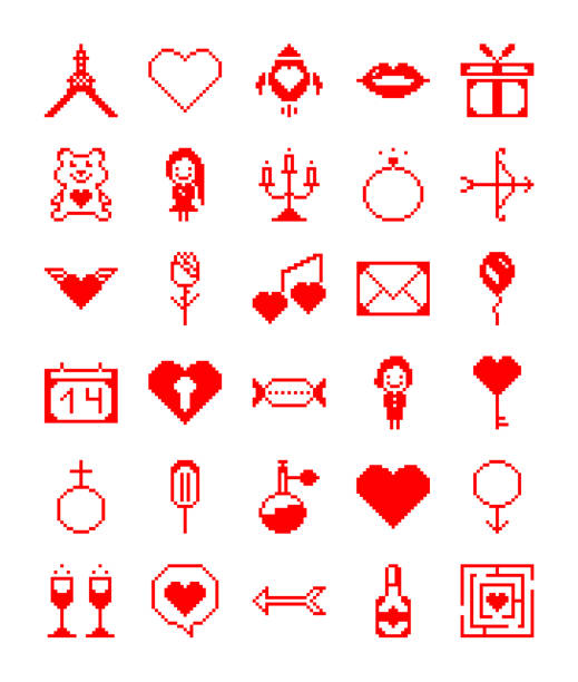 valentine pixel-symbole. - music human lips happiness enjoyment stock-grafiken, -clipart, -cartoons und -symbole