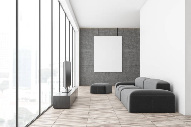 istock White and concrete living room with TV 1195586336