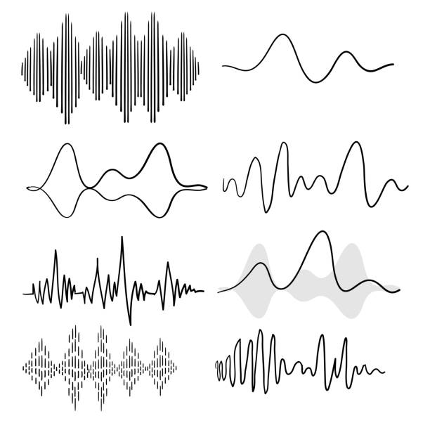 ilustraciones, imágenes clip art, dibujos animados e iconos de stock de ondas sonoras negras. frecuencia de audio de la música, forma de onda de la línea de voz, señal de radio electrónica, símbolo de nivel de volumen dibujado a mano vector de garabato - sistema de medición de volumen