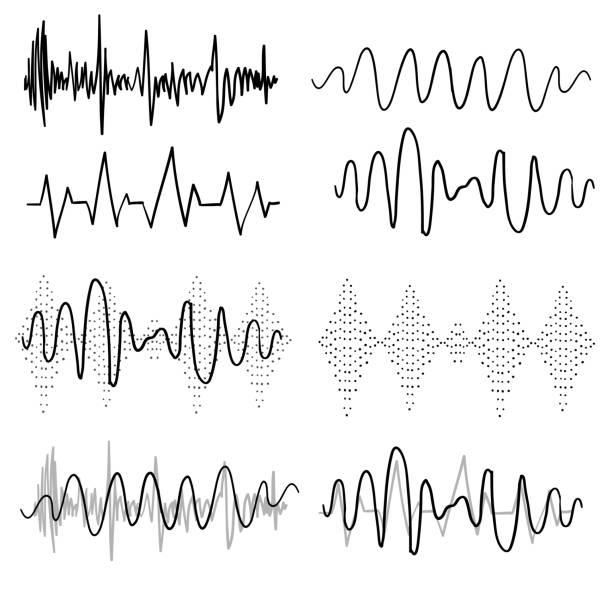 ilustrações, clipart, desenhos animados e ícones de ondas sonoras negras. frequência de áudio musical, forma de onda de linha de voz, sinal de rádio eletrônico, símbolo de nível de volume vetor doodle desenhado à mão - pulse trace taking pulse computer monitor healthcare and medicine