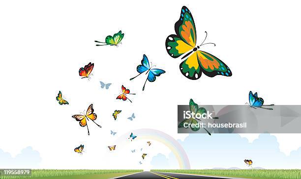 Ilustración de Mariposas Torre Rainbow y más Vectores Libres de Derechos de Ajardinado - Ajardinado, Animal, Arco iris