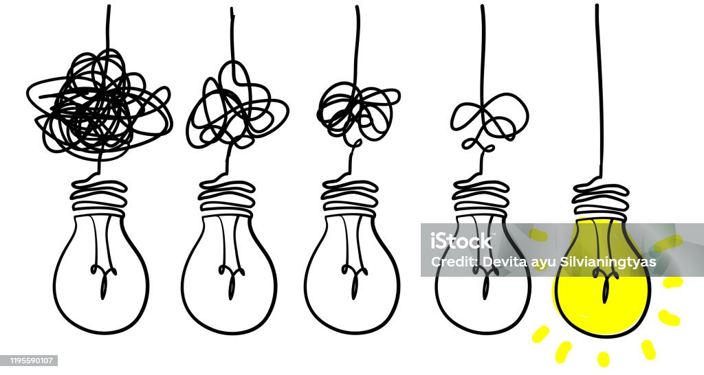 Semplificando il complesso, confusione chiarezza o percorso concetto di idea vettore con l'illustrazione di doodle lampadine - arte vettoriale royalty-free di Contemplazione
