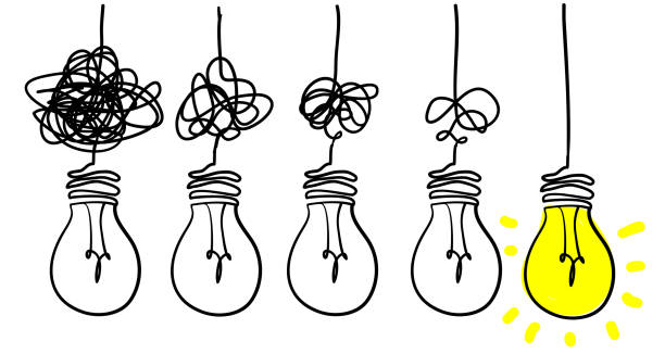 uproszczenie złożonej, jasności zamieszania lub koncepcji idei wektorowej ścieżki z ilustracją doodle żarówek - thinking stock illustrations