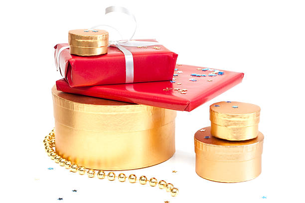 Red and gold gift boxes. stock photo
