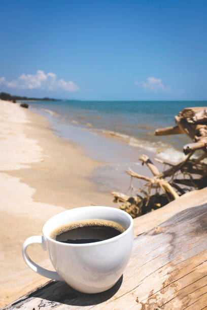 Coffee cup on wooden near seaside.