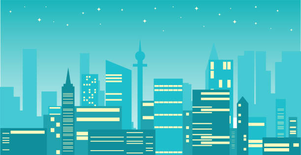 Silhouette of a modern night city with stars. Flat vector illustration of a modern night city. Vector. Silhouette of a modern night city with stars. Flat vector illustration of a modern night city. Vector. business architecture blue people stock illustrations