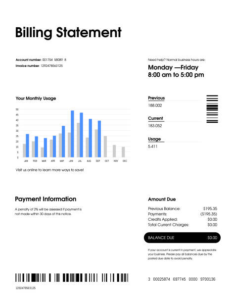 Fake billing statement Fake billing statement with paid balance financial statement stock illustrations