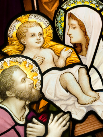 Compilation of  stained glasses showing Holy Family. Stained glass windows were created approximately in mid XIX century