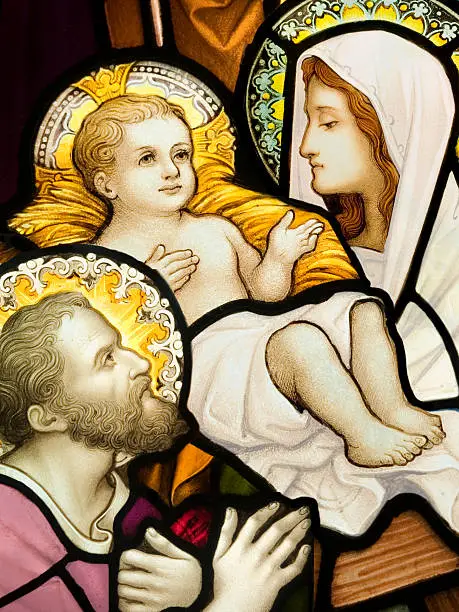Compilation of  stained glasses showing Holy Family. Stained glass windows were created approximately in mid XIX century