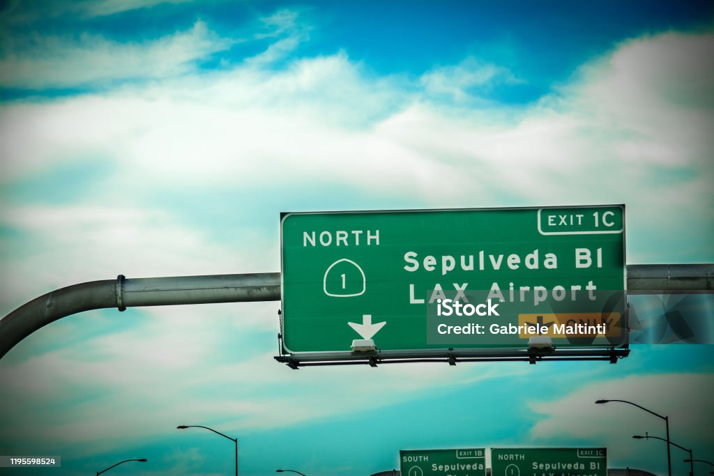 Sepulveda blvd and LAX airport road sign on the freeway in Los Angeles Sepulveda blvd and LAX airport road sign on the freeway in Los Angeles. California, USA American Culture Stock Photo