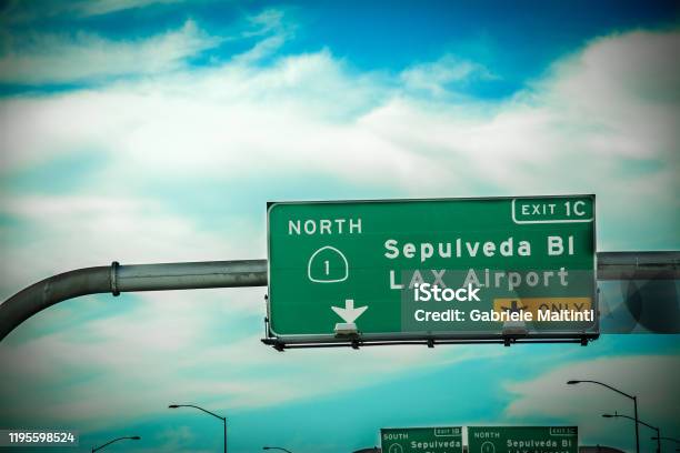 Sepulveda Blvd And Lax Airport Road Sign On The Freeway In Los Angeles Stock Photo - Download Image Now