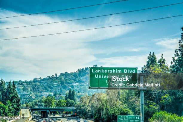 Universal City Exit Sign In Pacific Coast Highway Stock Photo - Download Image Now - American Culture, Avenue, Boulevard