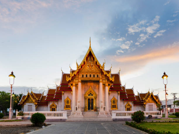 Unseen thailand, Sunset at Wat Benchamabophit Dusitvanaram, Ancient royal marble buddha temple, Bangkok, Thailand stock photo