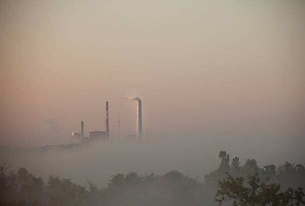 powerplant smokestacks no carvão, o nevoeiro matinal - foto de acervo