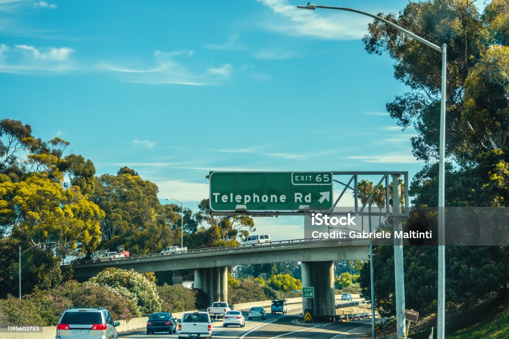 Telephone road exit sign in Pacific Coast Highway south bound Telephone road exit sign in Pacific Coast Highway south bound. Southern California, USA American Culture Stock Photo