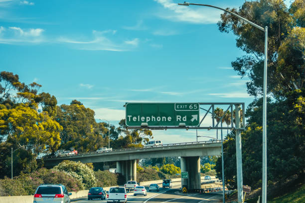 Telephone road exit sign in Pacific Coast Highway south bound Telephone road exit sign in Pacific Coast Highway south bound. Southern California, USA san diego freeway stock pictures, royalty-free photos & images